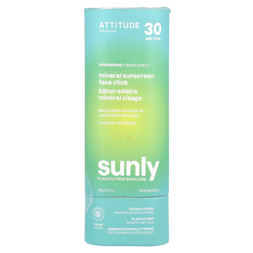 ATTITUDE, Sunly, минеральное солнцезащитное средство-стик для лица, SPF 30, без запаха, 20 г (0,7 унции)