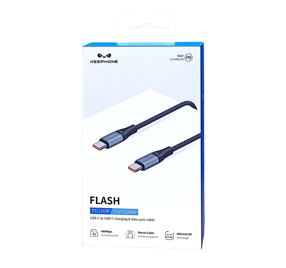 Usb Кабель-зарядка Type-C на Type-C Keephone FLASH DC-25255 100W 2м в тканевой оплетке черный