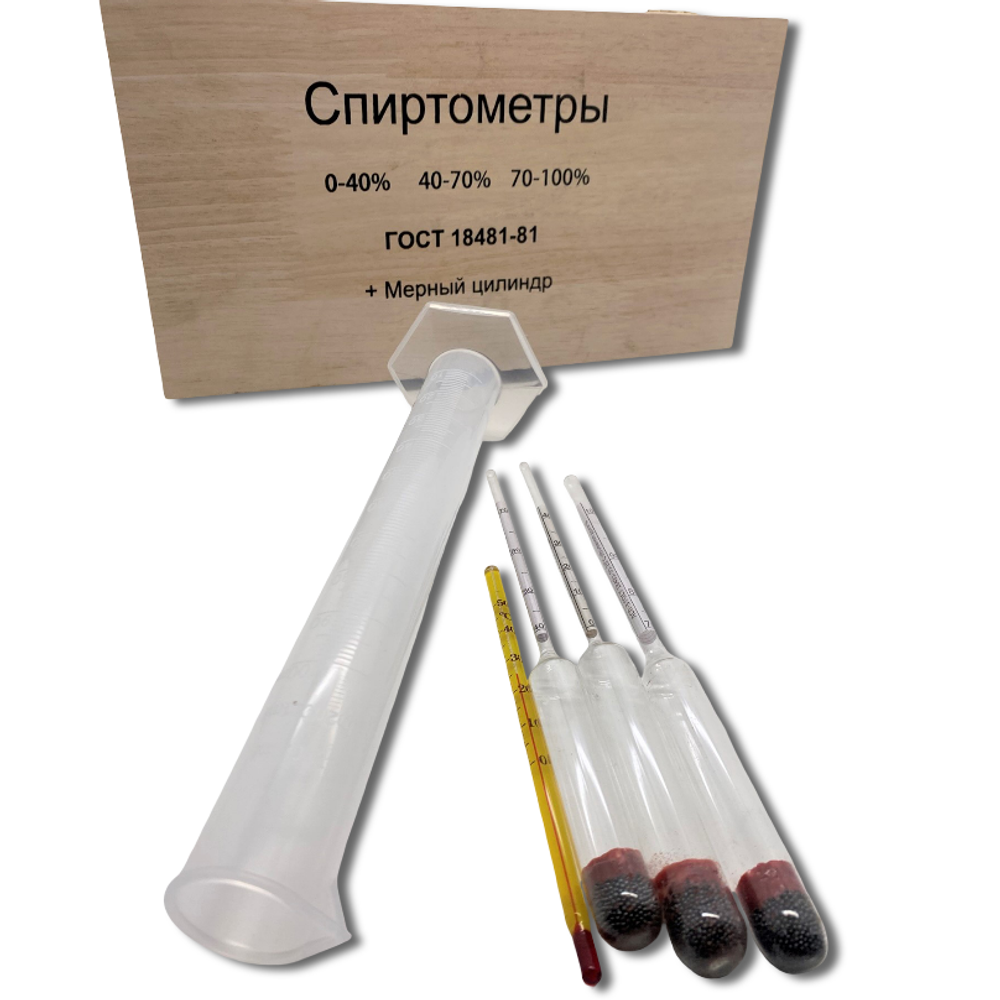 Набор спиртомеров в деревянной коробке с мерным стаканчиком