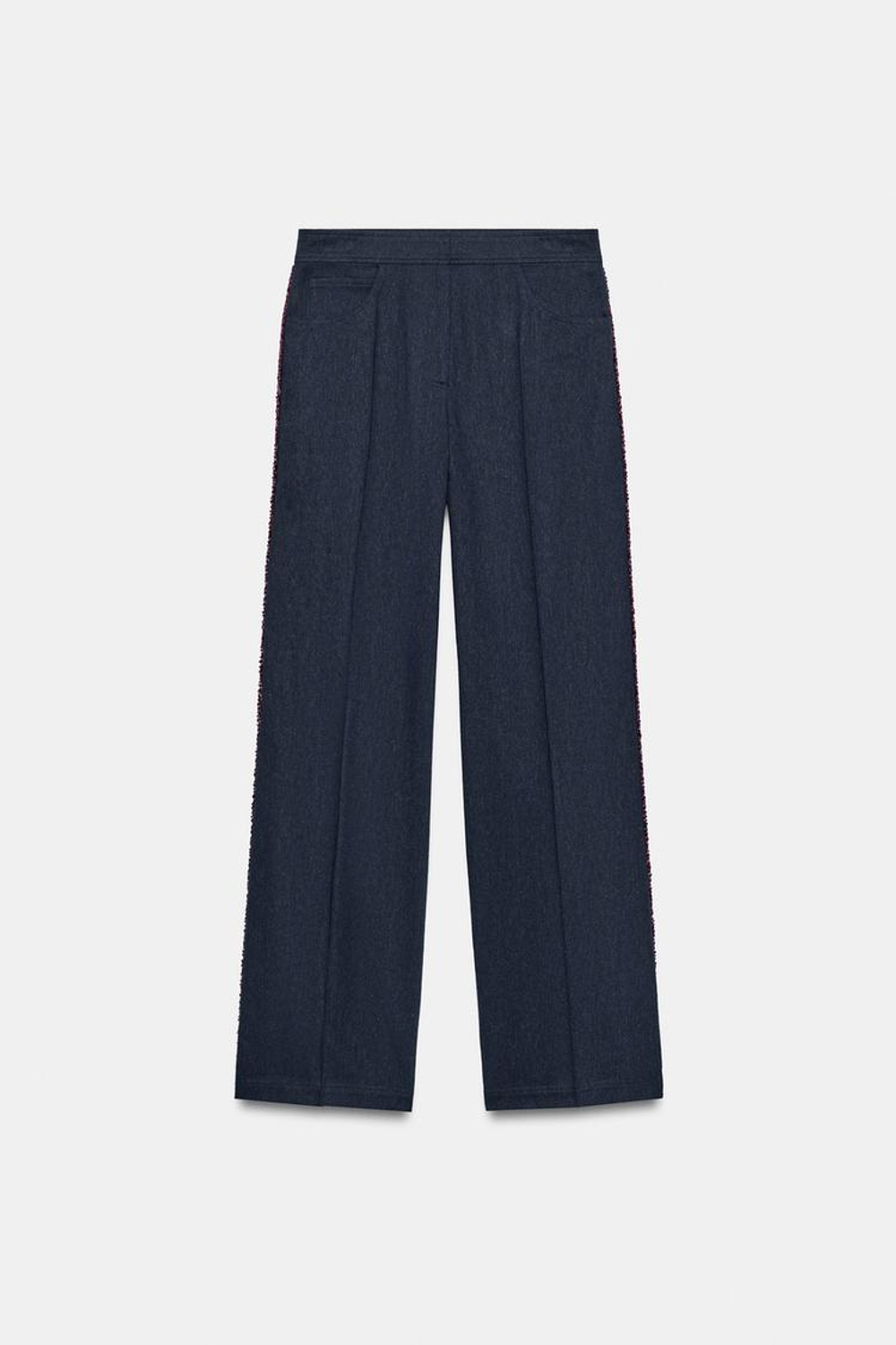 ZARA БРЮКИ ПРЯМОГО КРОЯ С ТЕСЬМОЙ, СИНИЙ