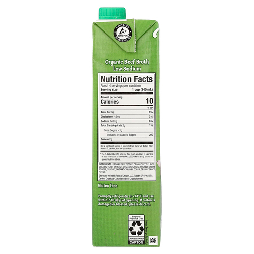 Pacific Foods, органический говяжий бульон, с низким содержанием натрия, 907 г (32 унции)