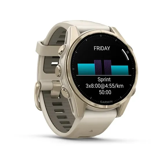 Fenix 8 - 43 мм, AMOLED, Sapphire (золотистый корпус, дымчато-серый ремешок)