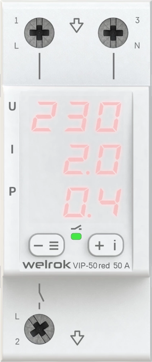 Реле напряжения с контролем тока Welrok VIP-50 red