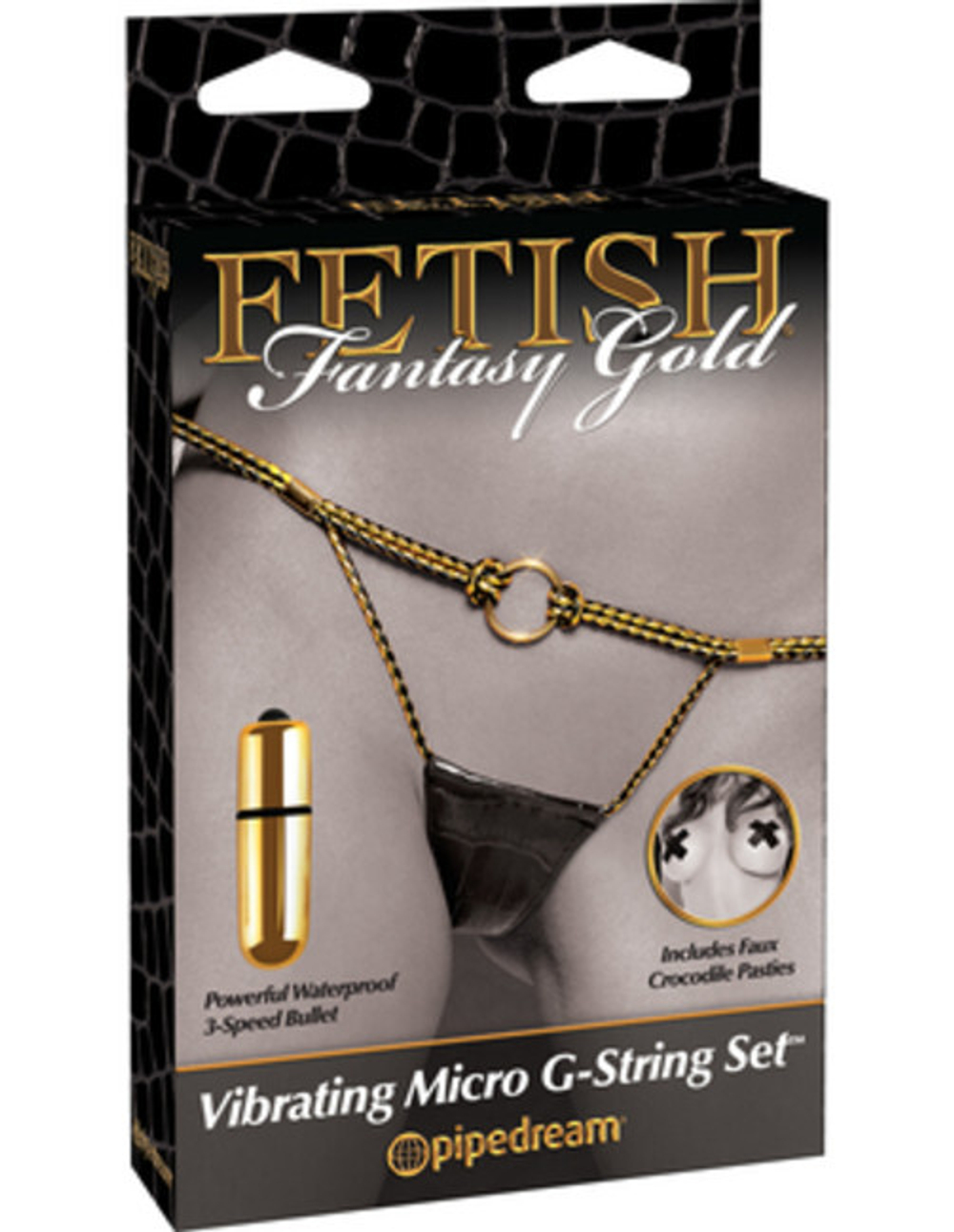 Кожаные вибро-стринги с украшением-крестами Vibrating Micro G-String Set (3 скорости) (Цвет: черный с золотым)
