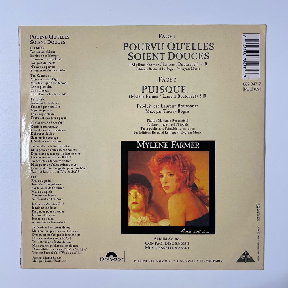 Винтажная виниловая пластинка LP Mylene Farmer, Pourvu Qu'elles Soient Douces (Франция 1988) 7 дюймов