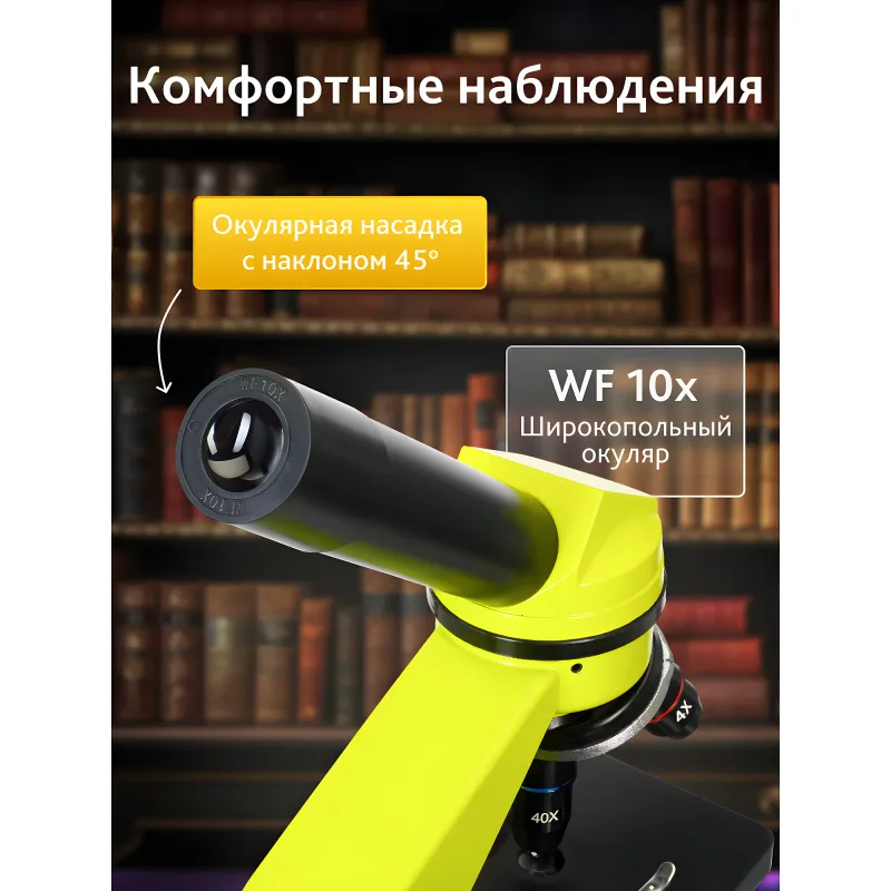 Микроскоп Levenhuk Rainbow 2L Lime\Лайм - крупный план окулярной насадки под углом 45 градусов и окуляра WF10x