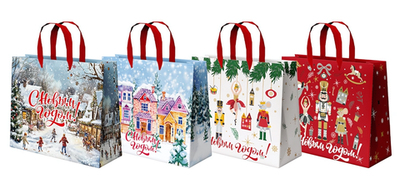 Пакет новогодний 26х13х32см. "Winter Wonderland" фольга, разноцветный принт (Золотая сказка)