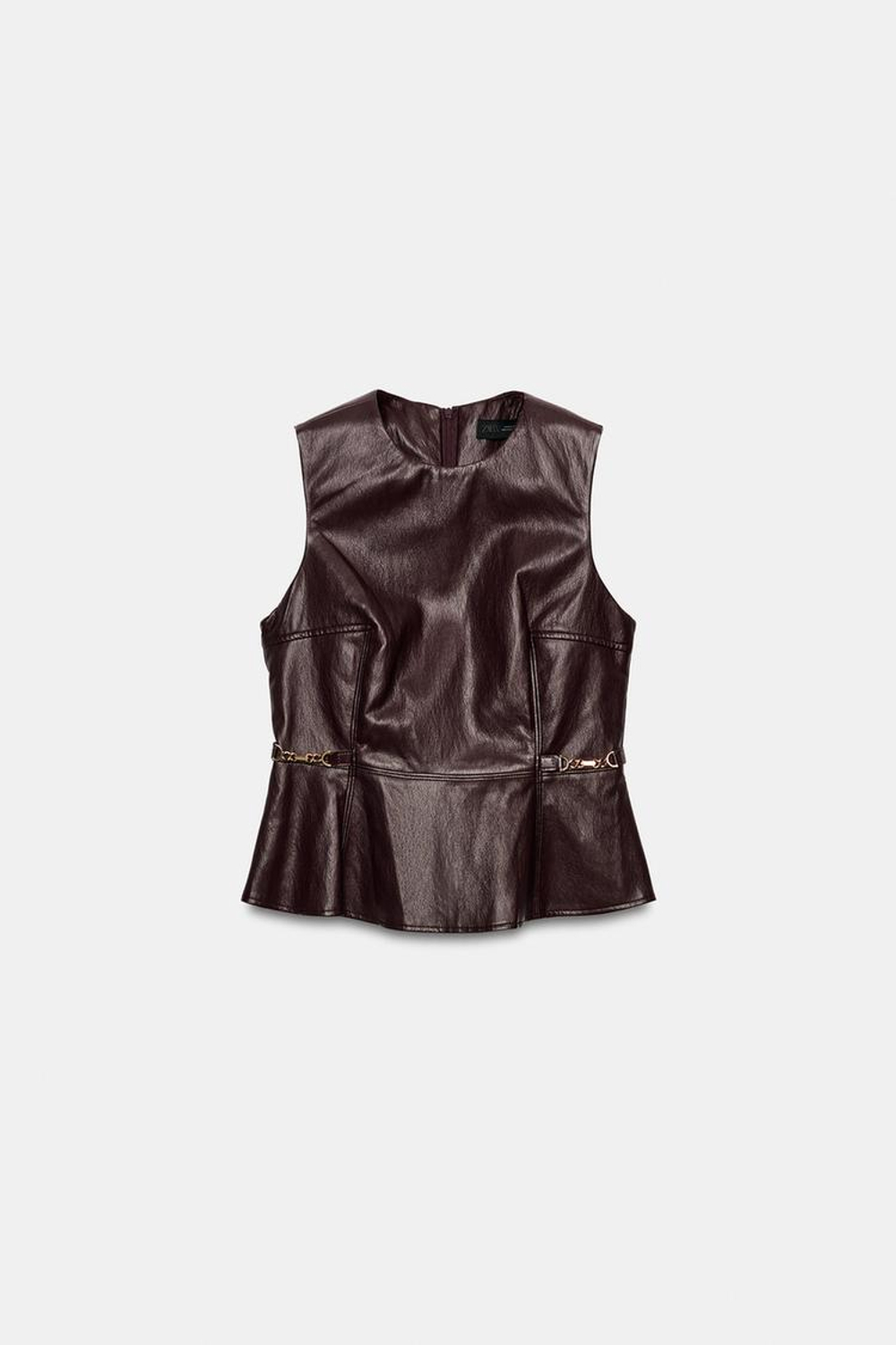 ZARA ТОП ИЗ ИСКУССТВЕННОЙ КОЖИ С ЗОЛОТЫМИ АППЛИКАЦИЯМИ, БУРГУНДИ