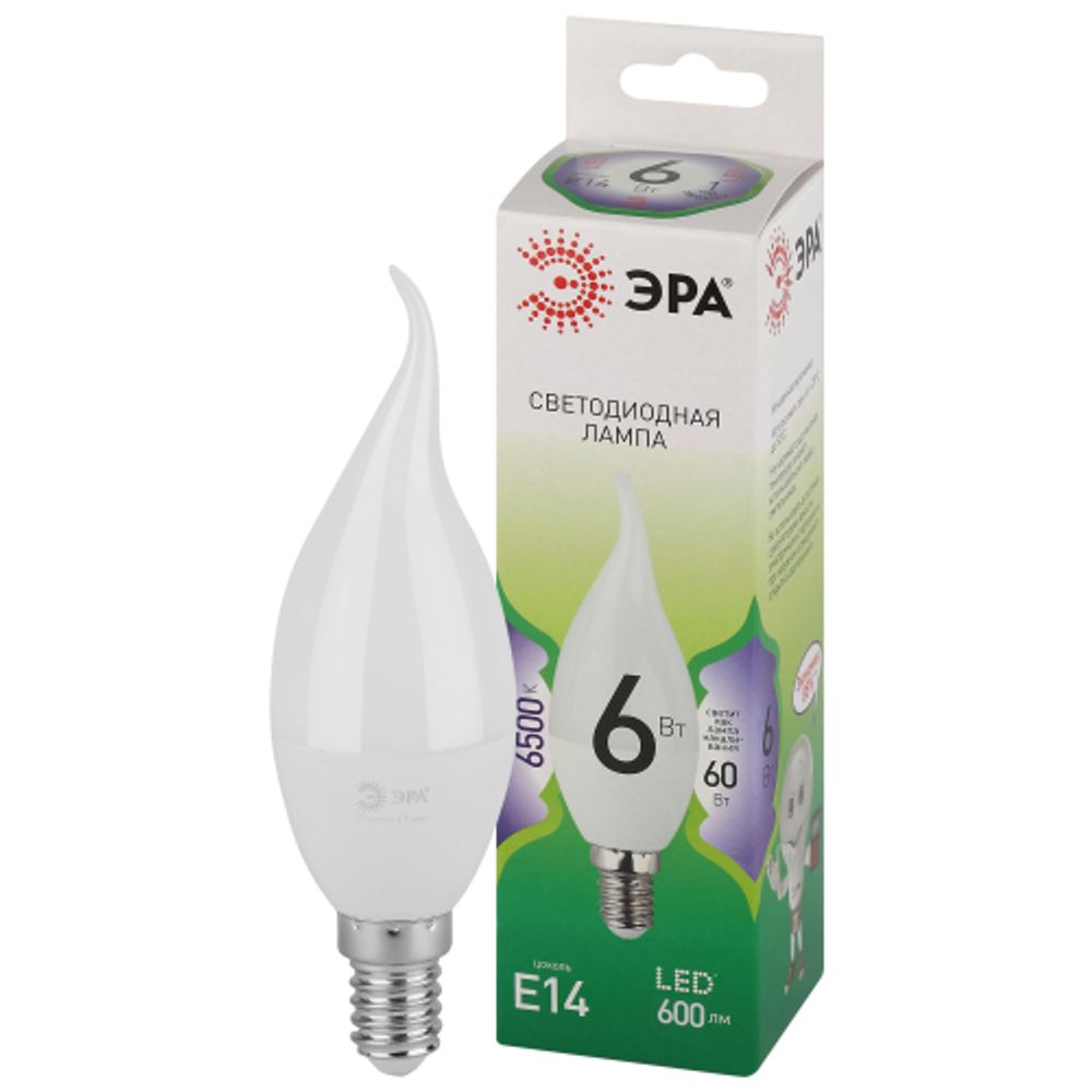 Лампа светодиодная ЭРА GREEN LINE LED BXS-6W-865-E14 GL 6Вт свеча на ветру холодный свет E14 | Лампы cветодиодные Свеча (B/C)