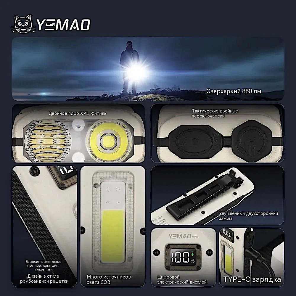 Фонарь Yemao YM-M28 880лм (30Вт) 144м ( 4Led, 12 режимов, Аккумул.встроен ) -
