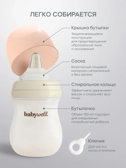 Babywell Бутылочка для кормления из стекла с покрытием из силикона ментоловый,160 мл. ( от 0-7 мес.)