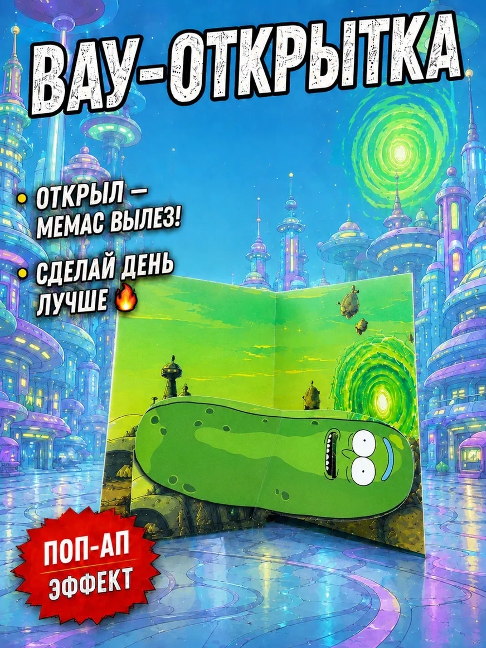 Живая открытка для денег Огурчик Рик из "Рик и Морти"&nbsp;