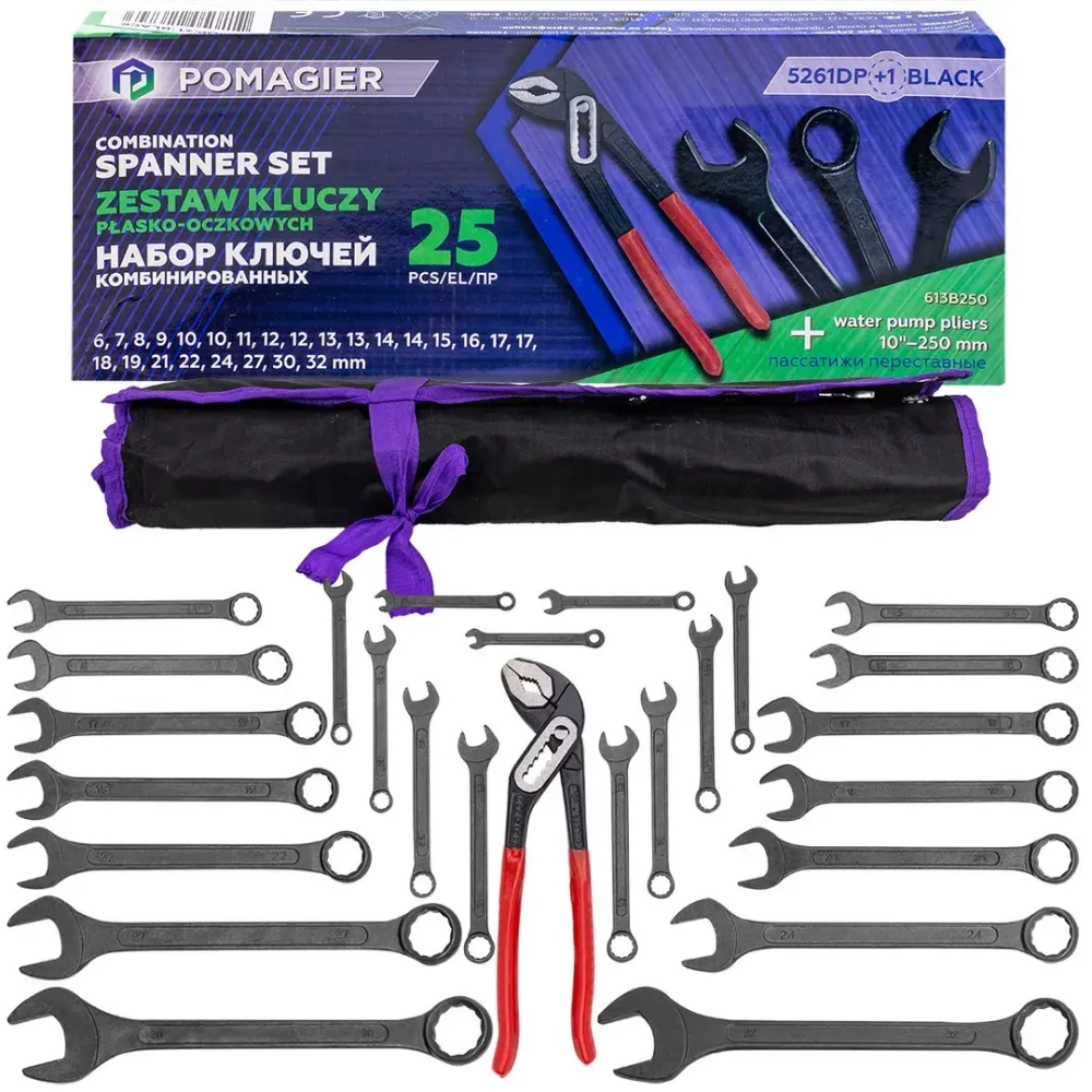 Набор ключей комбинированных и рожковых 25пр. POMAGIER POM-5261DP+1 BLACK