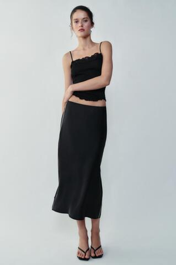 ZARA АТЛАСНАЯ ЮБКА МИДИ С КОНТРАСТНОЙ ОТДЕЛКОЙ, ЧЕРНЫЙ
