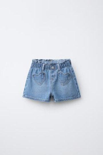 ZARA ДЖИНСОВЫЕ ШОРТЫ С КАРМАНАМИ «СЕРДЕЧКИ», ГОЛУБОЙ
