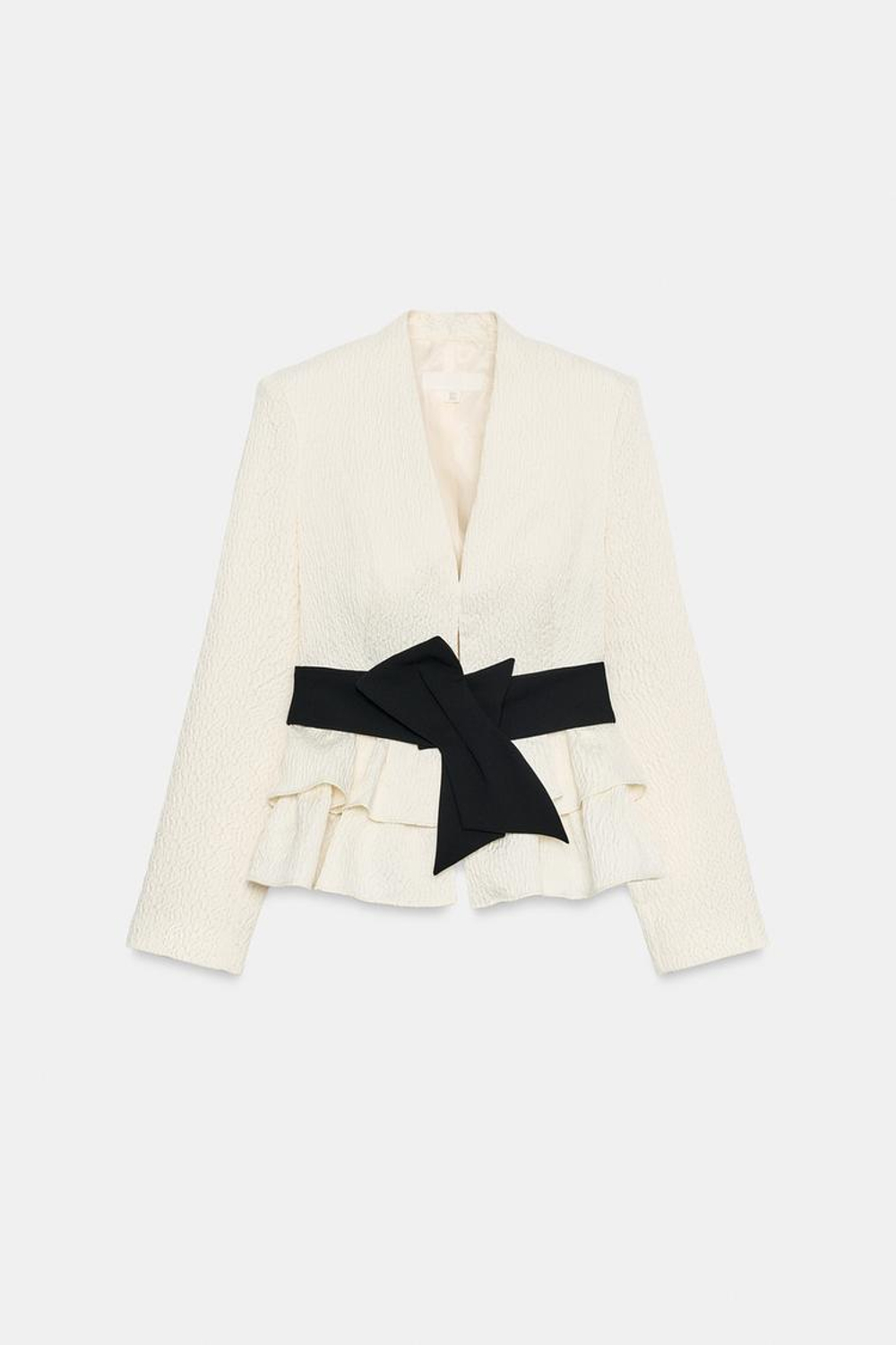 ZARA БЛЕЙЗЕР С РЮШАМИ И ПОЯСОМ, ЖЕЛТОВАТО-БЕЛЫЙ