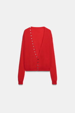 ZARA КАРДИГАН ИЗ СВЕРХМЯГКОЙ 100% ШЕРСТИ С V-ОБРАЗНЫМ ВЫРЕЗОМ, КРАСНЫЙ