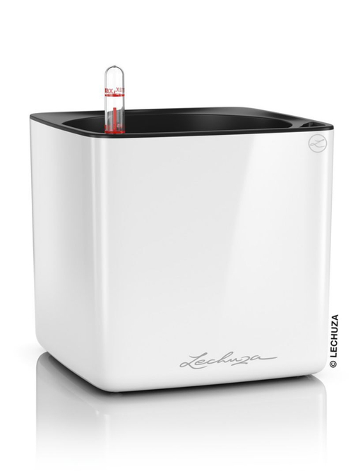 Кашпо Lechuza "Cube Glossy Complete white high gloss" (пластик), 14x14xH14 см