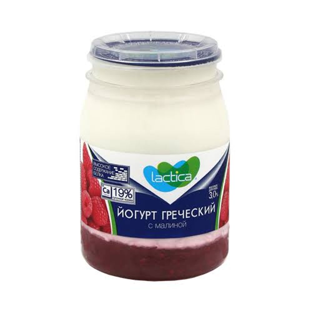 Йогурт греческий с малиной 3,0% 190г пэт-банка "Lactica"