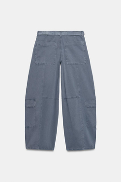 ZARA БРЮКИ КАРГО ОВЕРСАЙЗ С ПОЯСОМ, СЕРО-СИНИЙ