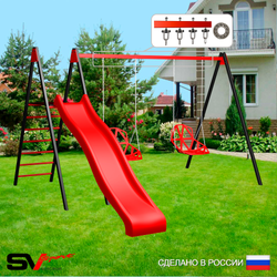 Уличные качели Sv Sport с горкой УК188П2 (3.7м/Со спинкой 2шт/Подвесы на подш 2к)