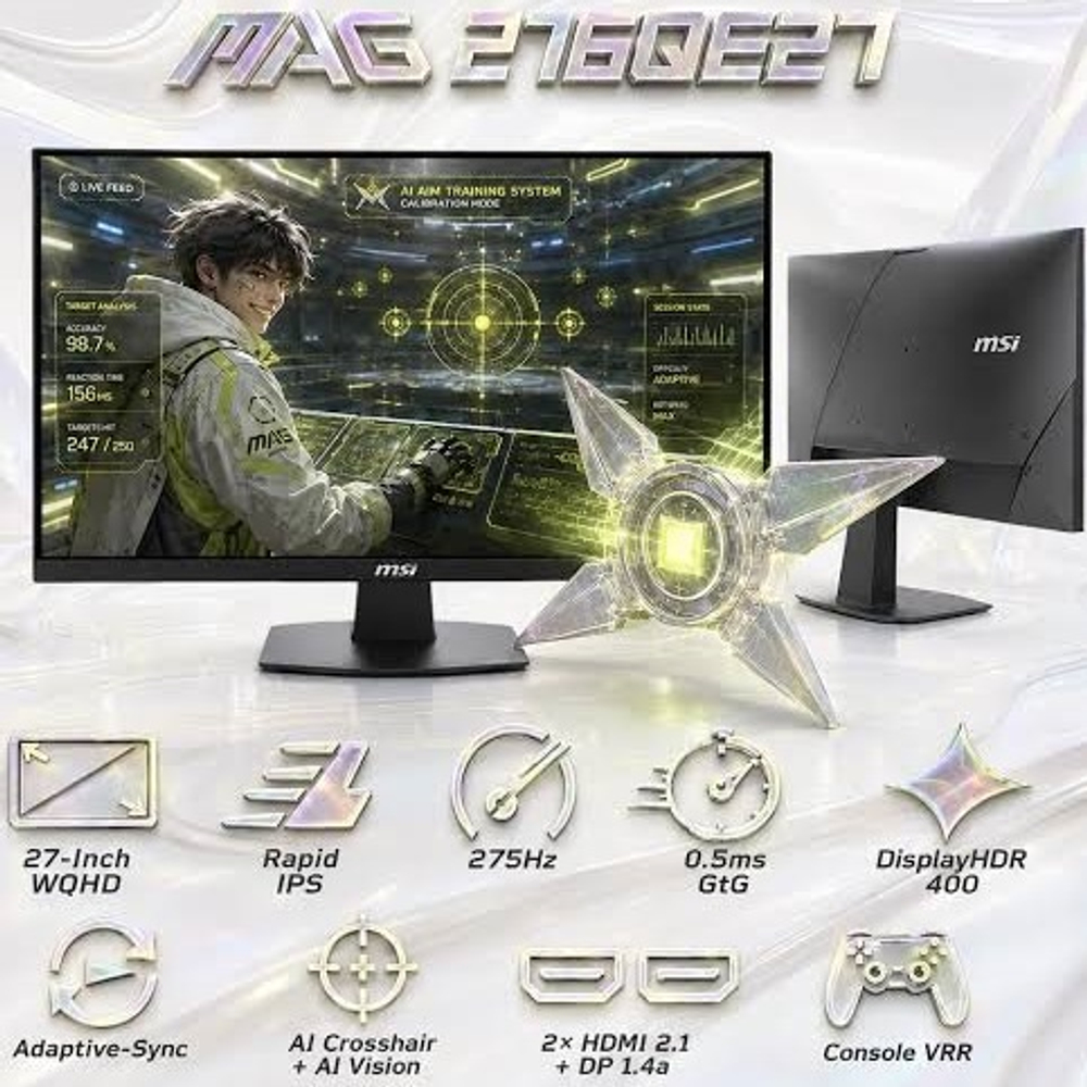Монитор MSI TFT 27" MAG 276Q E27 (2560x1440, IPS, 275 Гц, 0.5 мс, 400 cd/m2, 100M:1, 178°/178°, 2xHDMI, DisplayPort)