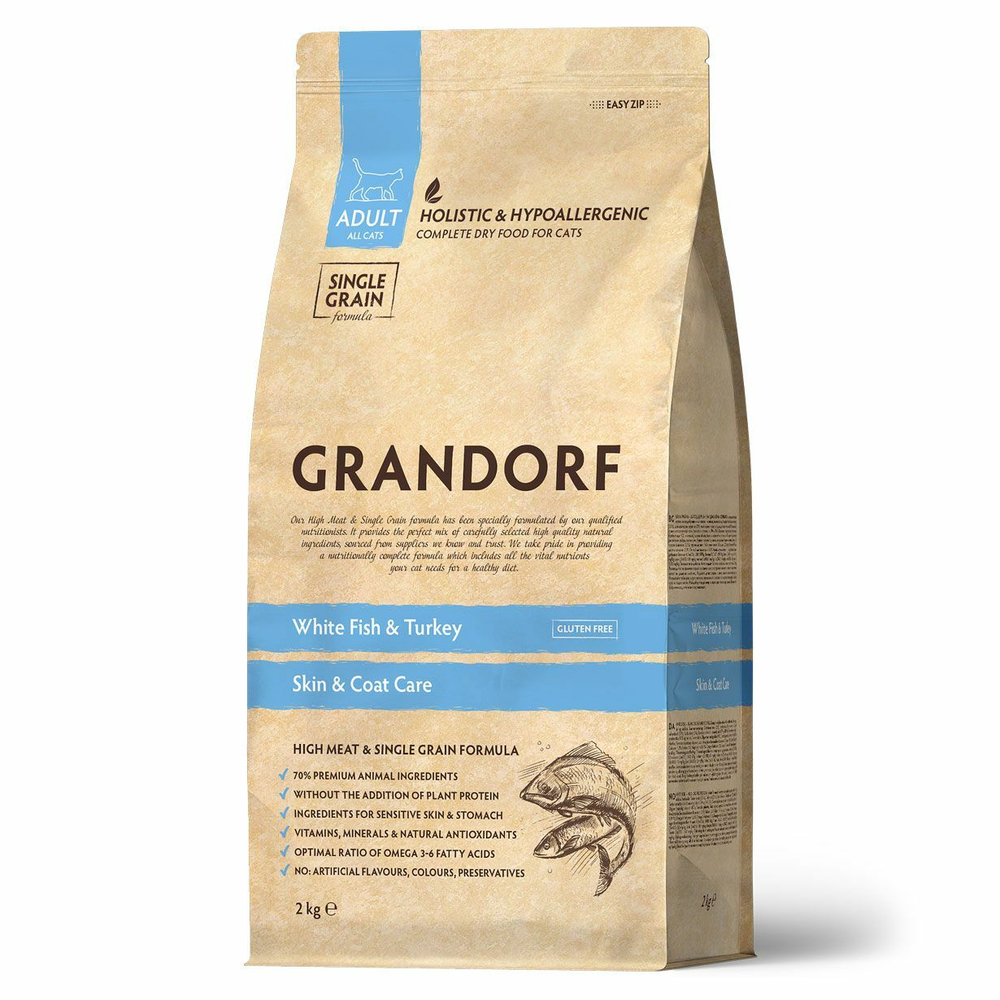 Сухой корм Grandorf Indoor Adult забота о коже и шерсти для кошек белая рыба с индейкой 2 кг