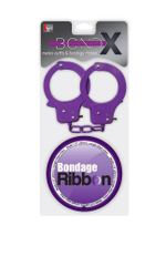 Набор для фиксации BONDX METAL CUFFS AND RIBBON: фиолетовые наручники из листового материала и липкая лента (Цвет: фиолетовый)