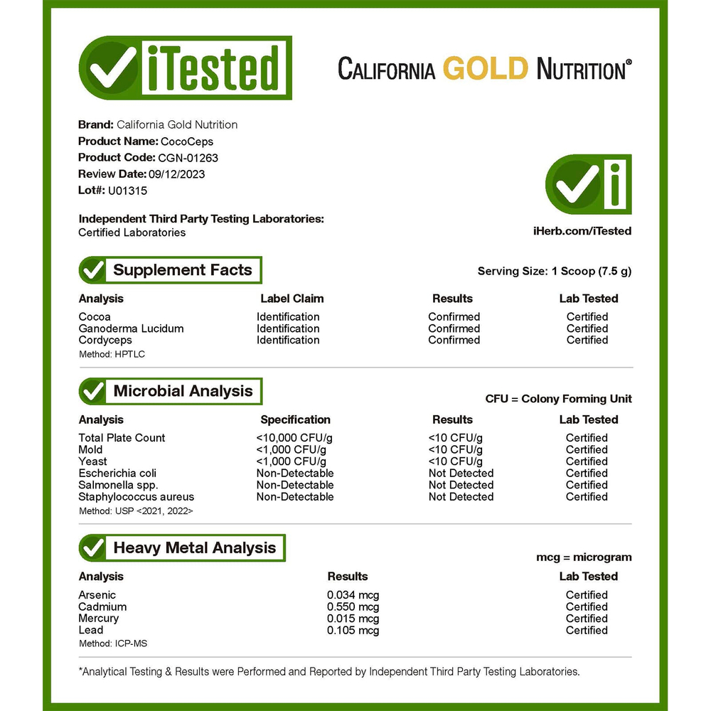 California Gold Nutrition, Superfoods, CocoCeps, органическое какао, кордицепс и рейши, 225 г (7,93 унции)