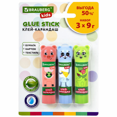 Клей-карандаш «Зверята: кошка, мышка, хрюшка», 9 г, фигурный колпачок, 3 шт./блистер, BRAUBERG KIDS.