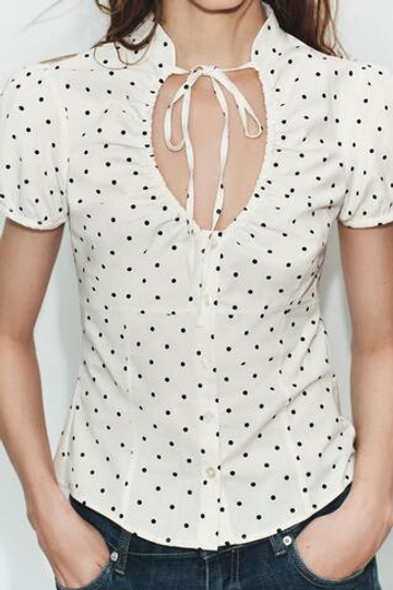 ZARA ТОП ИЗ ПОПЛИНА С ЗАВЯЗКАМИ, ЭКРЮ/ЧЕРНЫЙ