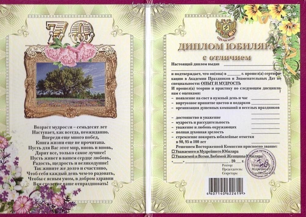 Диплом юбиляра 70 лет A6