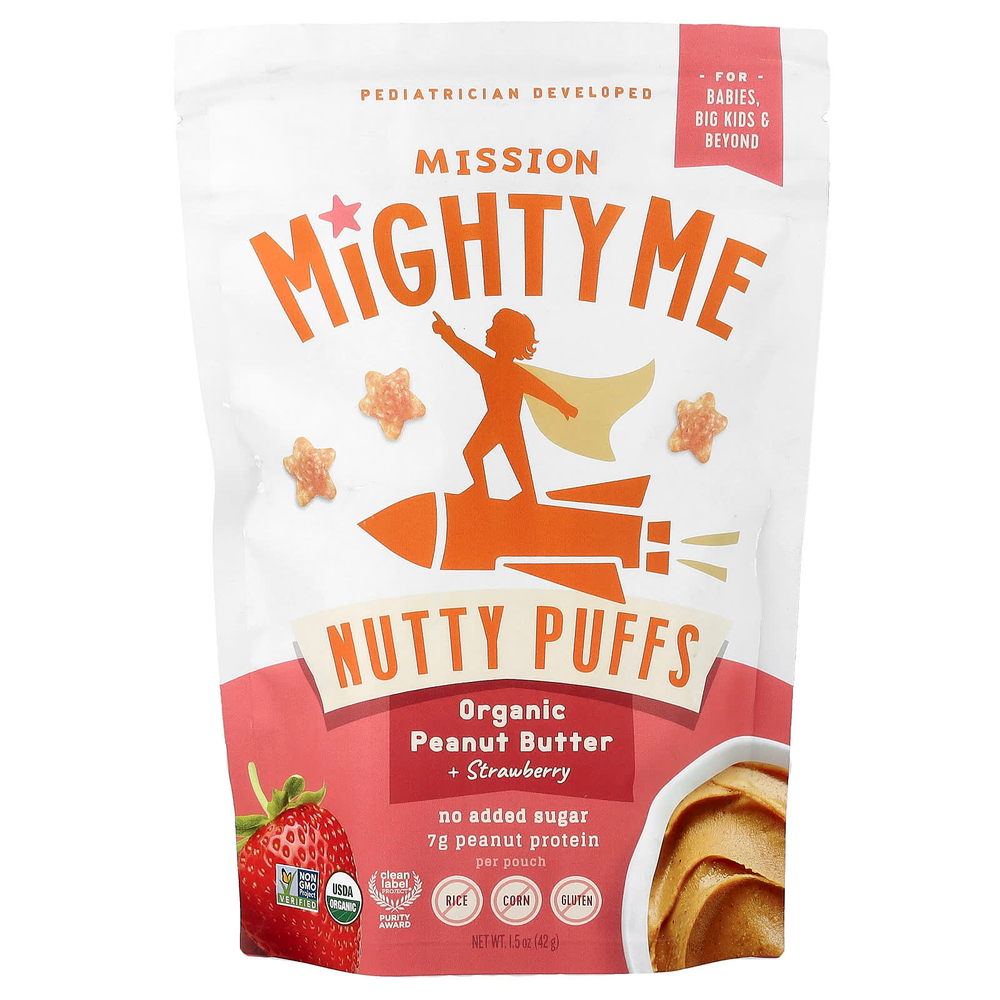 Mission MightyMe, Nutty Puffs, органическая арахисовая паста и клубника, 42 г (1,5 унции)
