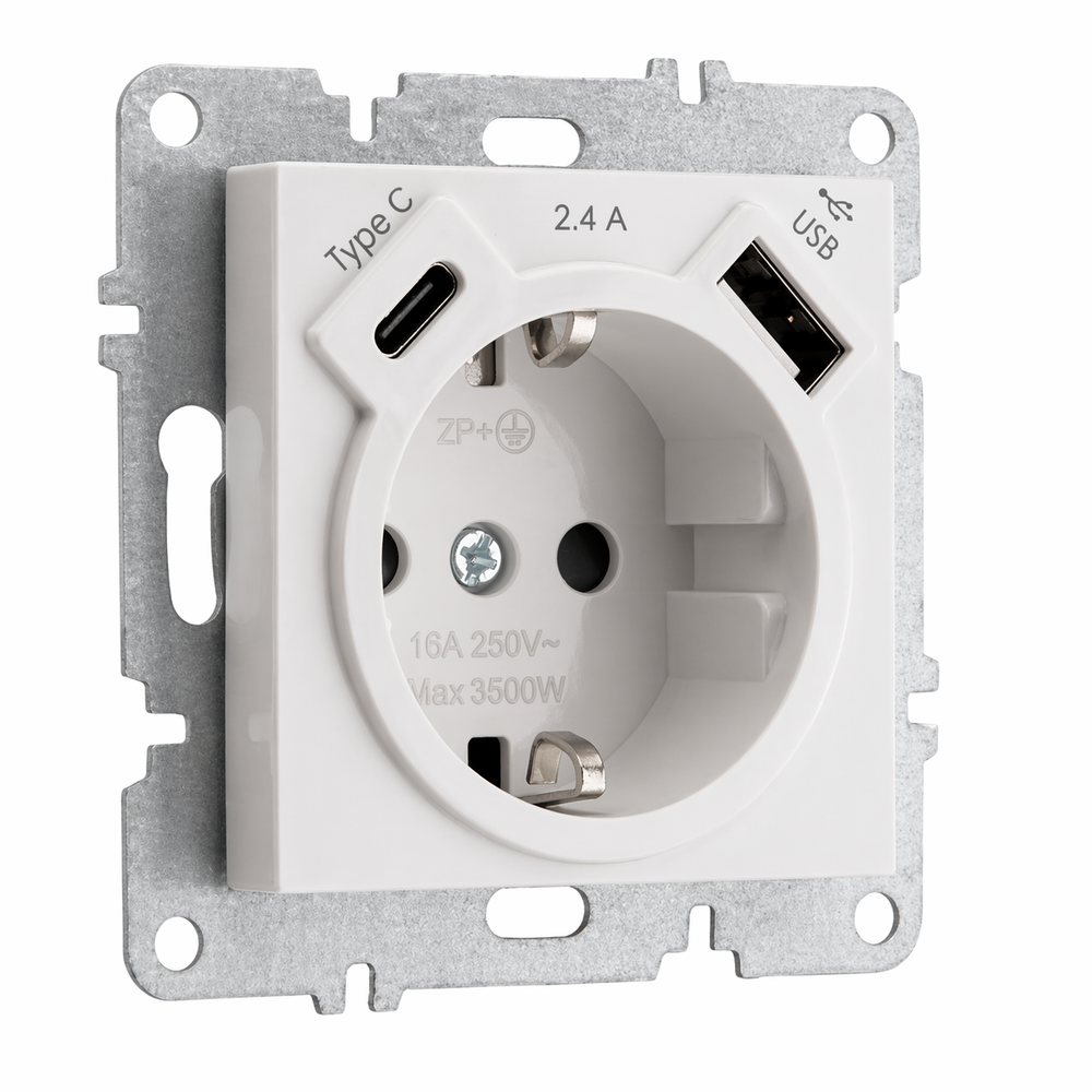 Розетка с заземлением ARVIA Electric, со шторками, 16А 250В, с устройством зарядным USB (A+C) 5В 2.4А, белая 50011000301