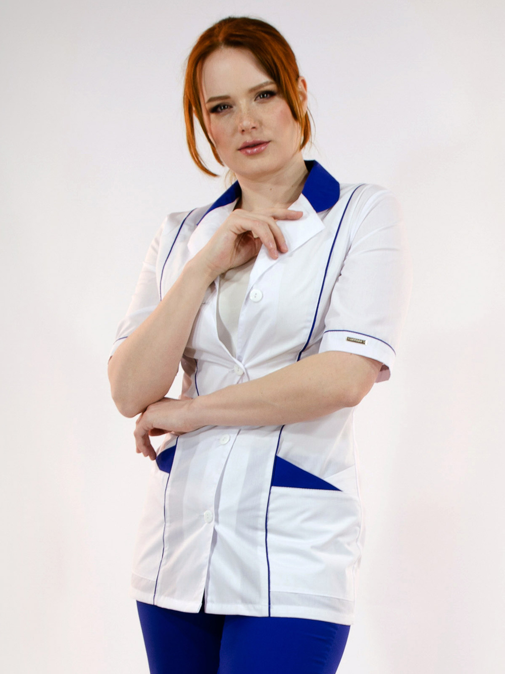 Костюм БлокПОСТ "Анна" (блуза+брюки), (цвет белый/василек, ткань Тиси)