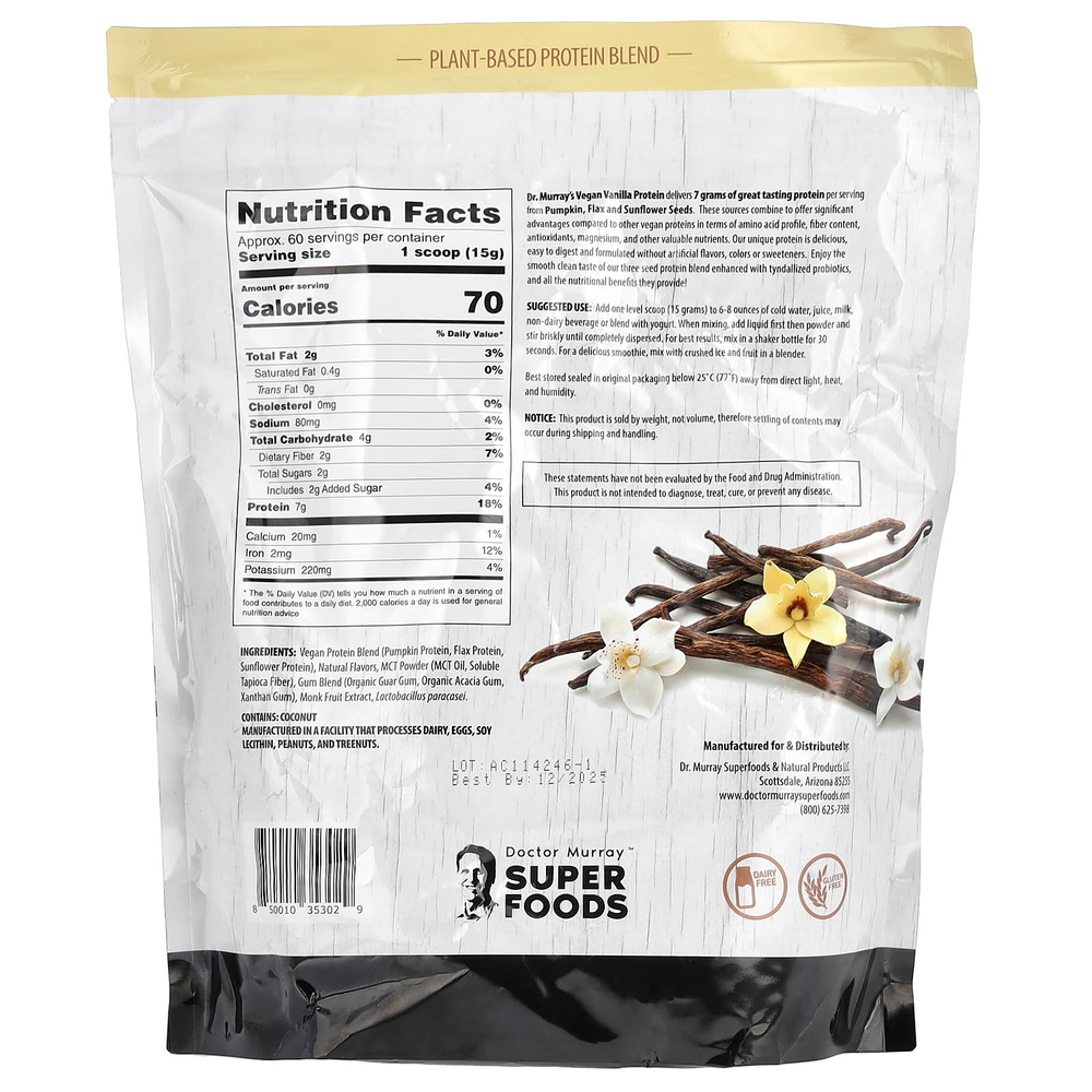 Dr. Murray's, Super Foods, порошок из 3 протеинов, тыква + лен + подсолнечник, ваниль, 908 г (2 фунта)