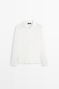 Massimo Dutti Поло из 100% хлопка с длинными рукавами, белый