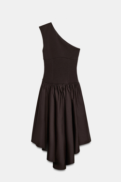 ZARA АCИММЕТРИЧНОЕ КОМБИНИРОВАННОЕ ПЛАТЬЕ, ТЕМНО-КОРИЧНЕВЫЙ