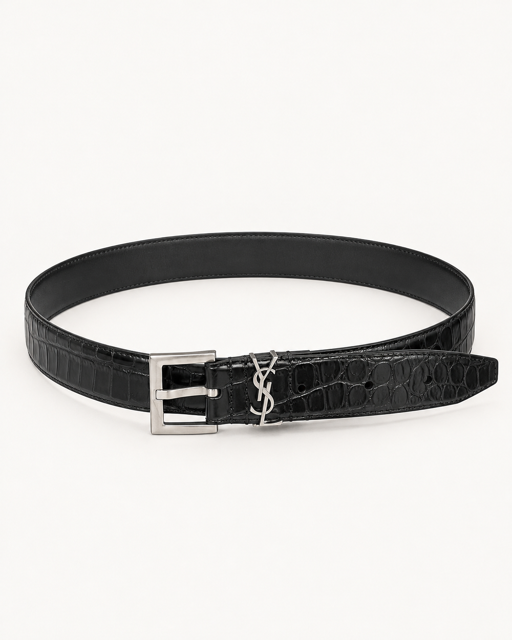 Женский ремень Saint Laurent 3,0 см — чёрный с серебристой пряжкой и YSL