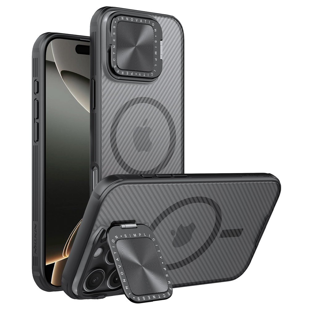 Чехол прозрачный тонированный (Transparent Black) от Nillkin с металлической крышкой и поддержкой MagSafe на iPhone 16 Pro Max, серия CamShield Prop Magnetic Case