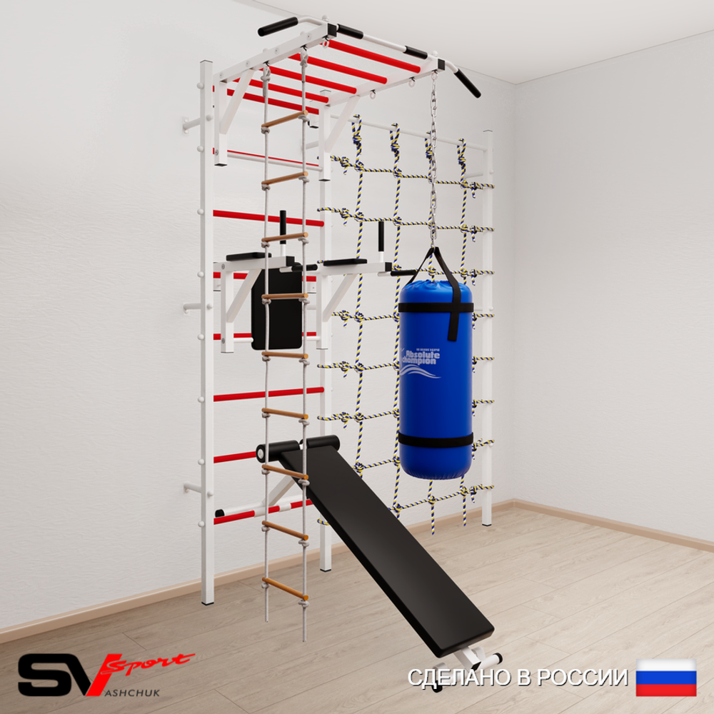 Шведская стенка Sv Sport усиленная 65220 (Турник рукоход/Брусья/Скамья/Лестница/Цепь/Мешок 22кг/Канатный лаз)