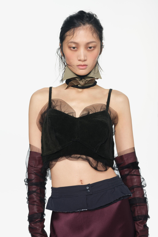 ZARA X JOHN GALLIANO БАРХАТНЫЙ ТОП С КОНТРАСТНЫМИ ДЕТАЛЯМИ, ТЕМНО-ЗЕЛЕНЫЙ