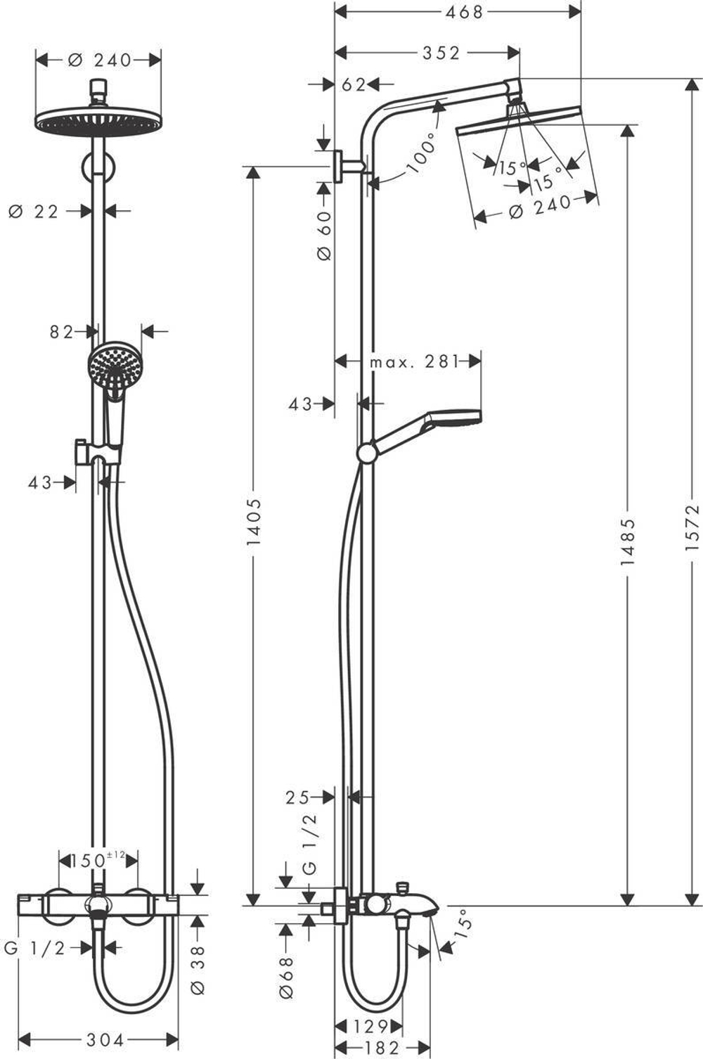 Душевая система для ванной Hansgrohe Crometta S 240 1jet Showerpipe 27320000 с термостатом