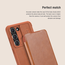 Кожаный чехол книжка коричневого цвета от Nillkin для Samsung Galaxy S22, серия Qin Pro Leather с защитной шторкой для камеры