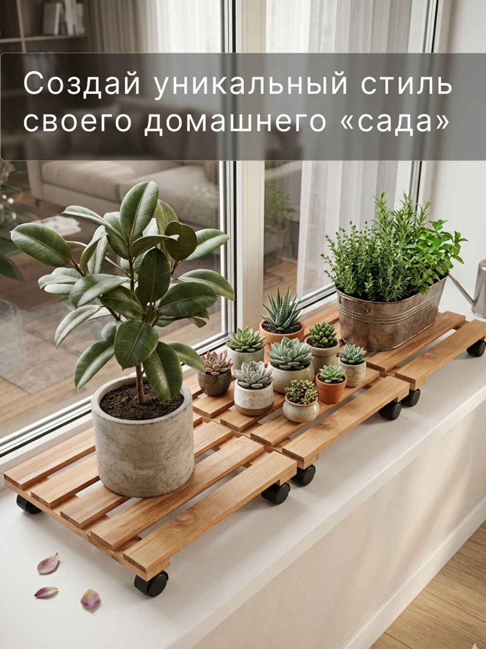 Подставка для цветов, 30х30х7, Флорэль, на колесиках, этажерка, напольное, на подоконник, полка, из массива дерева, коричневый, Dipriz