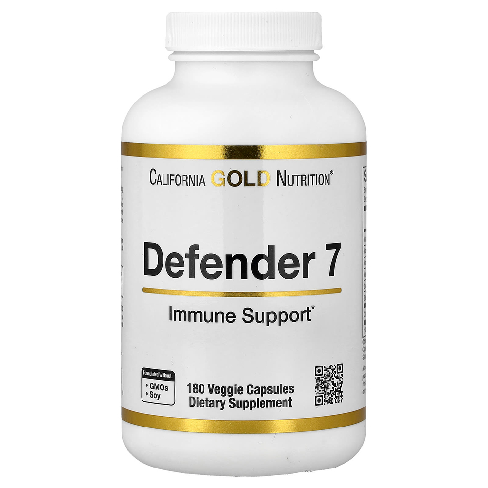 California Gold Nutrition, Defender 7, добавка с витаминами A, C, D3 и B6, цинком, селеном и бета-глюканом, 180 растительных капсул