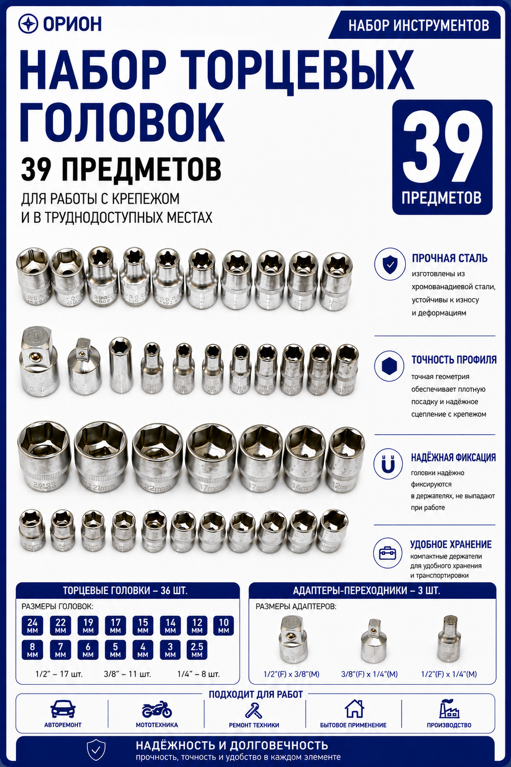 Набор инструментов (121 предмет) трещотки 1/2"- 1/4"- 3/8"