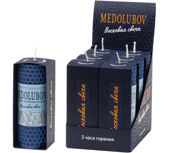 Свеча восковая 100×40 мм кобальт (шоубокс) Медолюбов