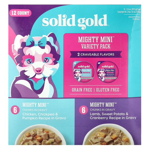 Solid Gold, Mighty Mini ™, набор для собак разных пород, для игрушечных и мелких пород собак, 12 штук, 99 г (3,5 унции)