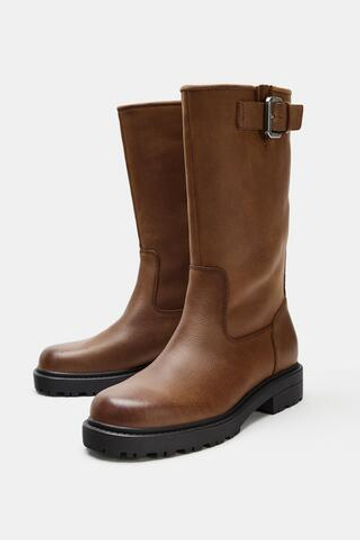 ZARA КОЖАНЫЕ САПОГИ С ПРЯЖКОЙ, КАШТАНОВЫЙ